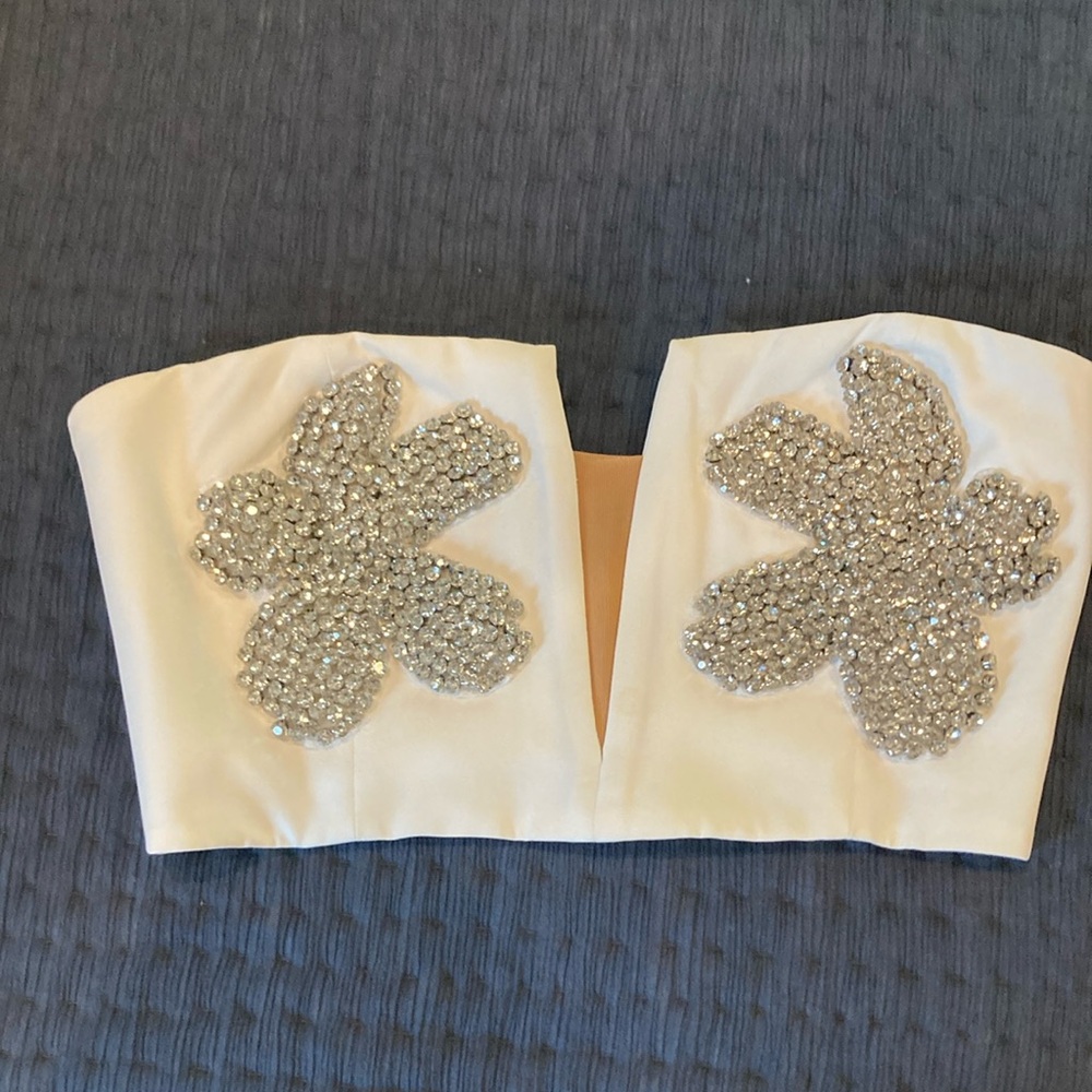 Bardot White Strapless Top with Silver Floral Accents